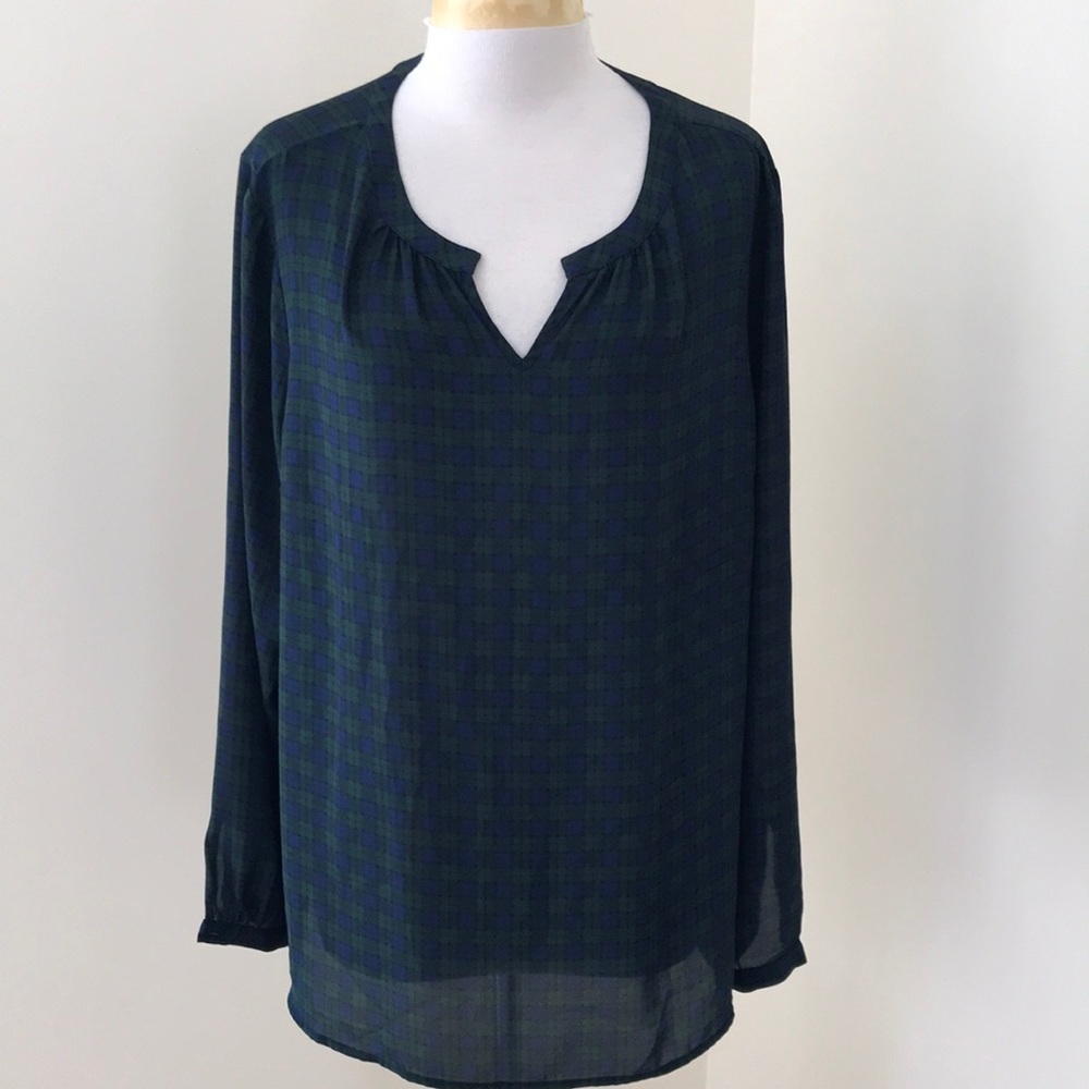 Talbots outlet XLP tartan plaid green combo long sleeve blouse.